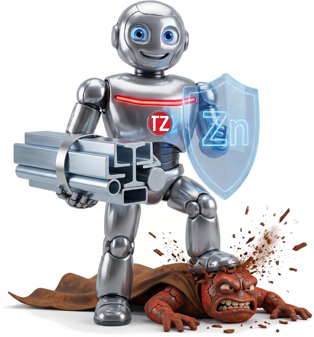 O Galvani, com o escudo de zinco e um feixe de perfis galvanizados, pisando na Ferrugem derrotada