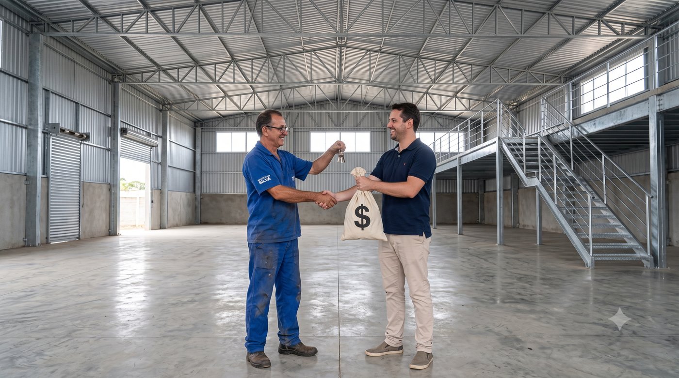 Serralheiro entrega a chave do galpão com estrutura toda galvanizada ao cliente, que retribui com um saco de dinheiro — obra entregue sem pintura