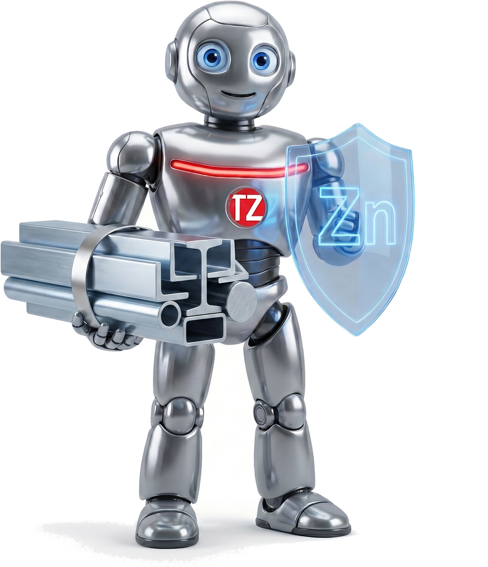 Galvani, o mascote da Tubozinc, com o escudo de zinco e um feixe de perfis, tubos e barras galvanizados