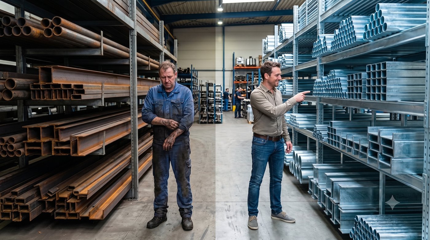 Corredor de distribuidora: à esquerda, prateleiras com material comum oxidando e funcionário com as mãos sujas; à direita, prateleiras com tubos e perfis galvanizados brilhantes e cliente apontando com interesse