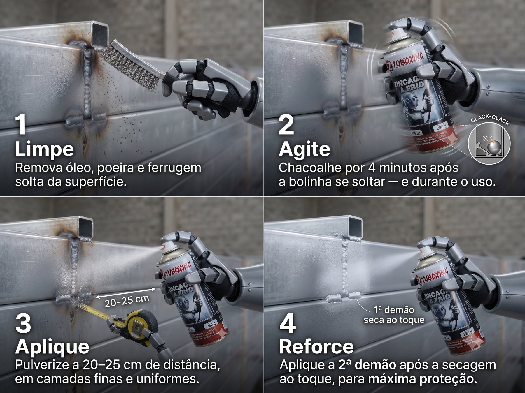 Infográfico com os quatro passos de aplicação: limpe a superfície, agite a lata, pulverize a 20–25 cm e reforce com a segunda demão